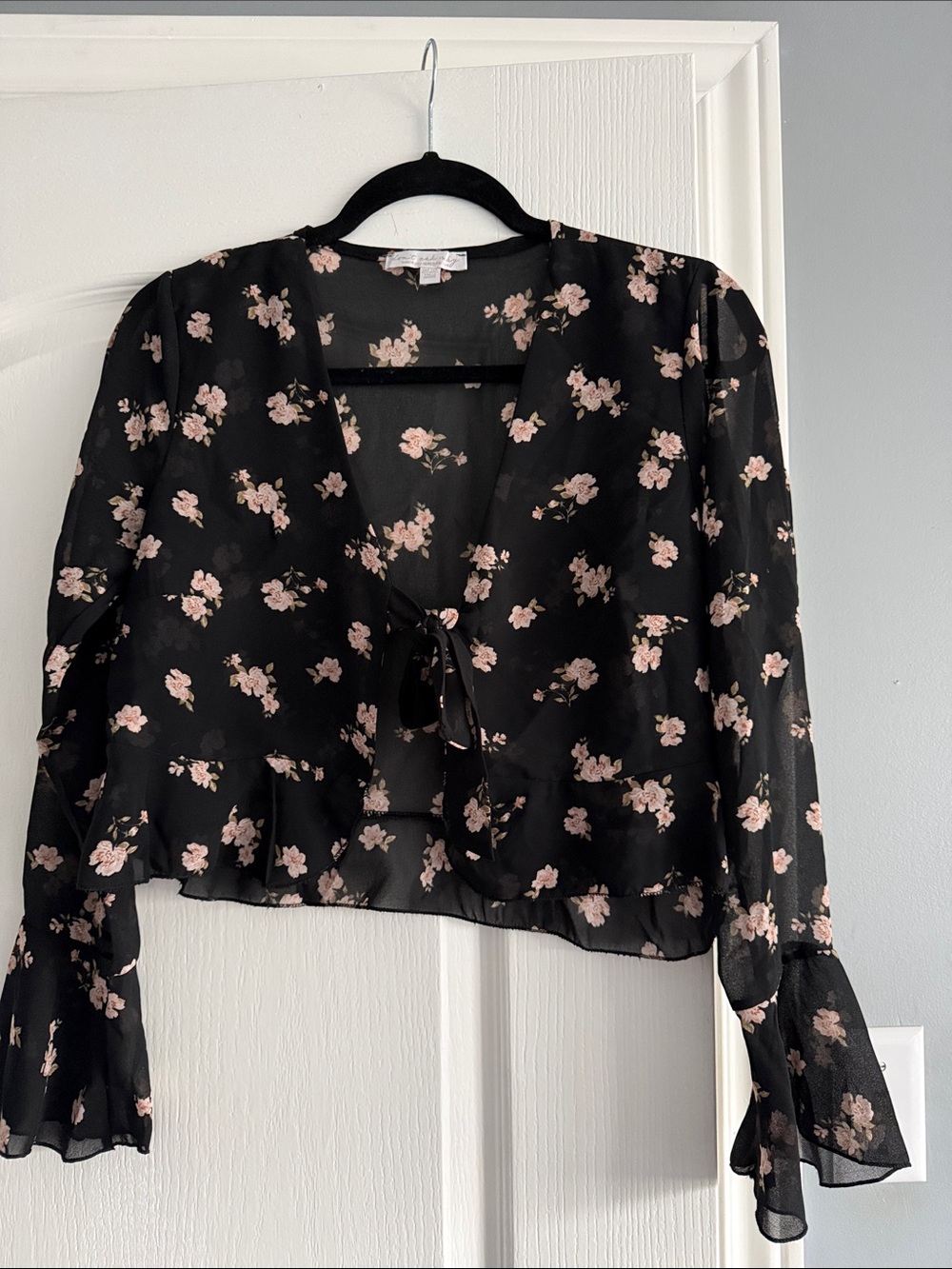 Black Floral Tie-Front Sheer Blouse - Brand: